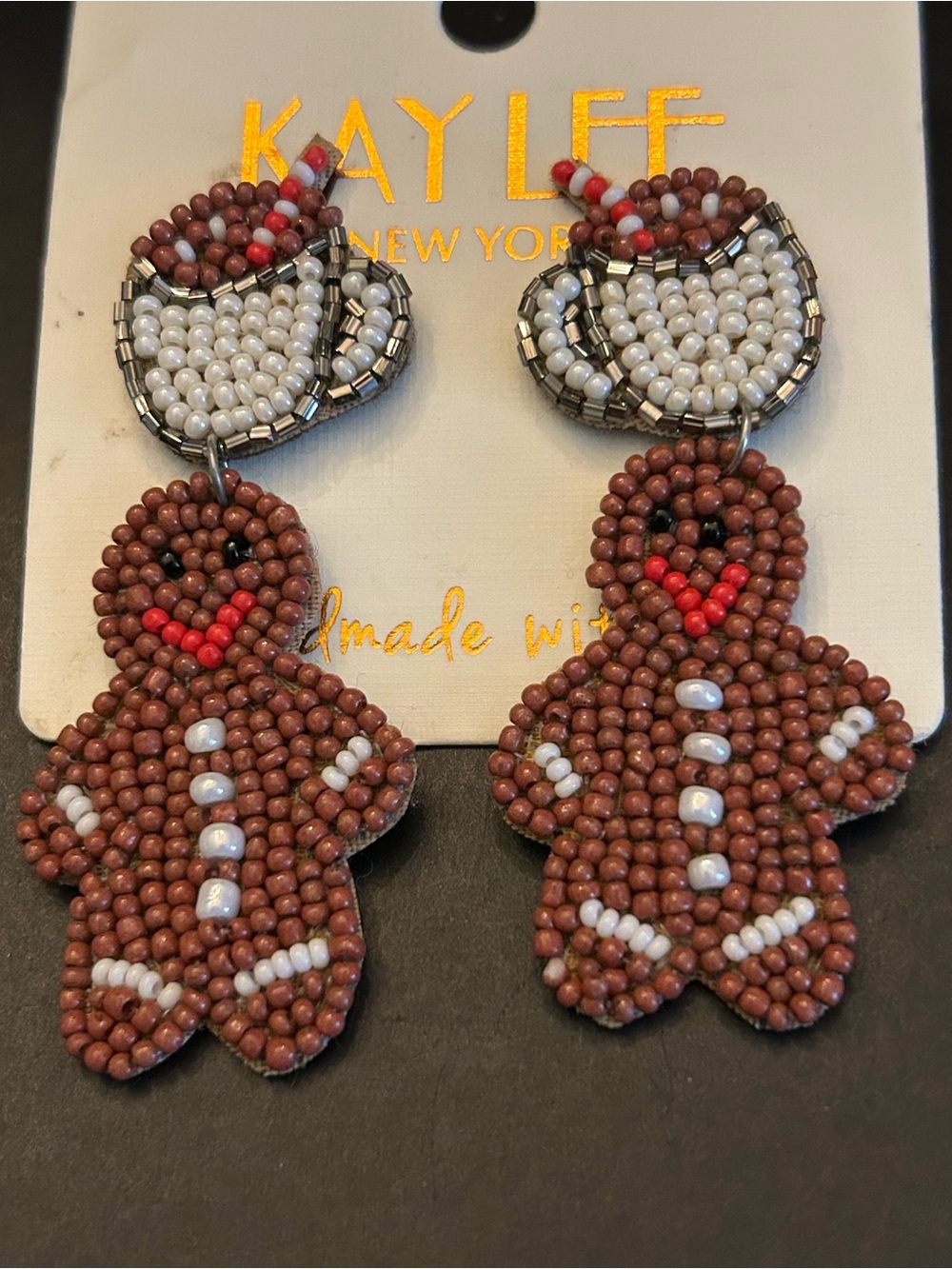 Brown Handcrafted Beaded Gingerbread Man Drop Earrings with Red & White Accents